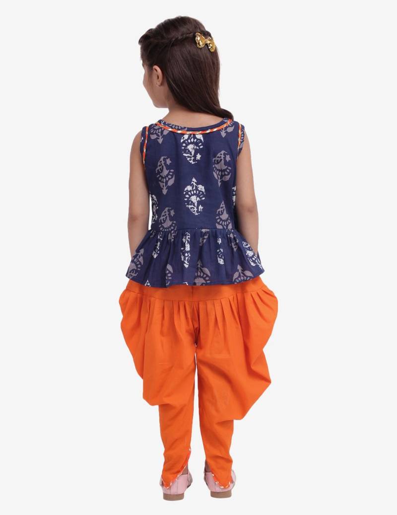 Jaipuri Print Pure Cotton Dhoti Top For Baby Girls-Indigo