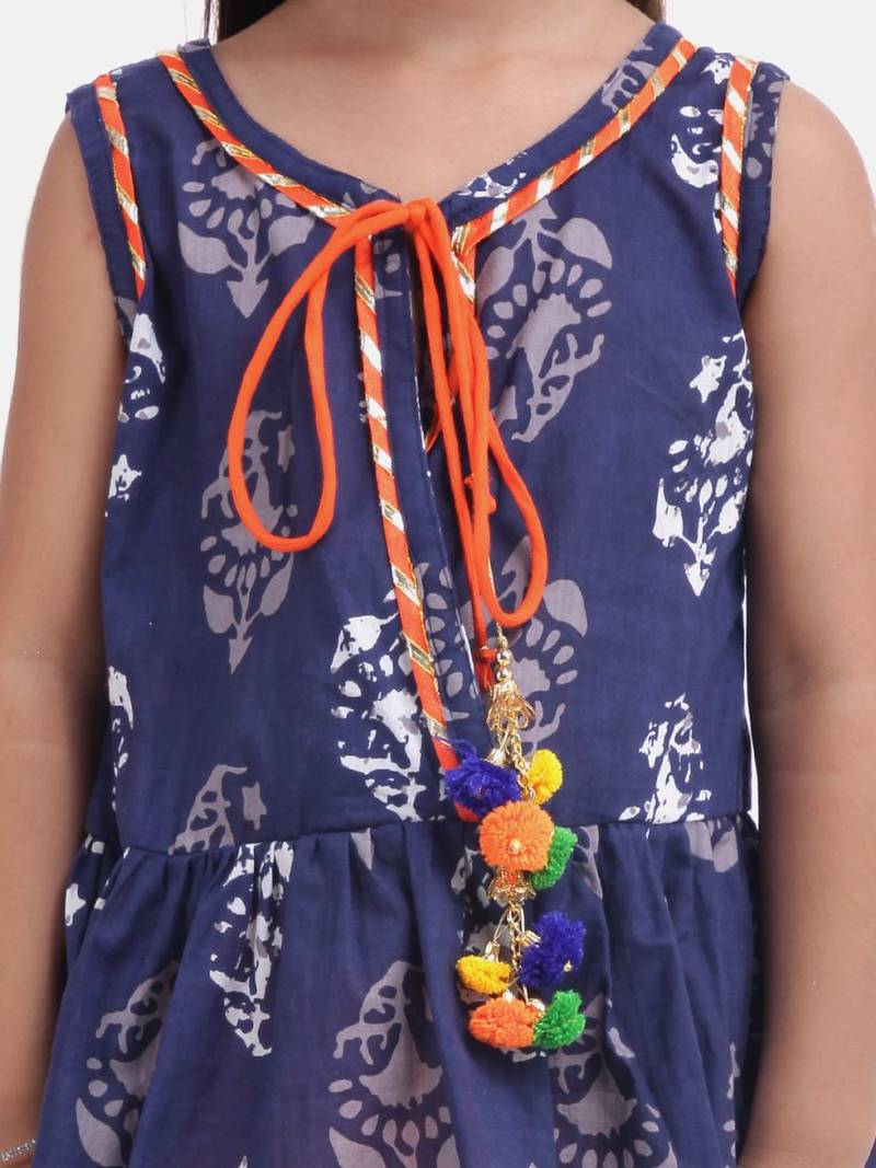 Jaipuri Print Pure Cotton Dhoti Top For Baby Girls-Indigo