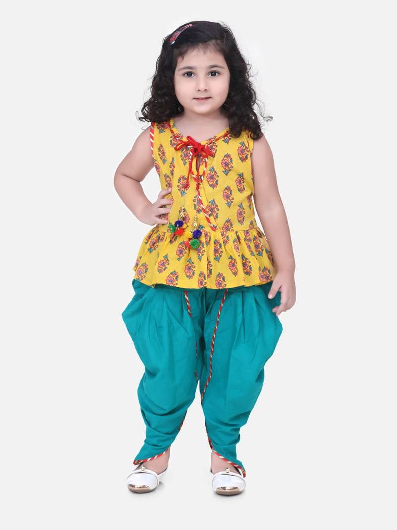 Jaipuri Print Pure Cotton Dhoti Top For Baby Girls- Yellow