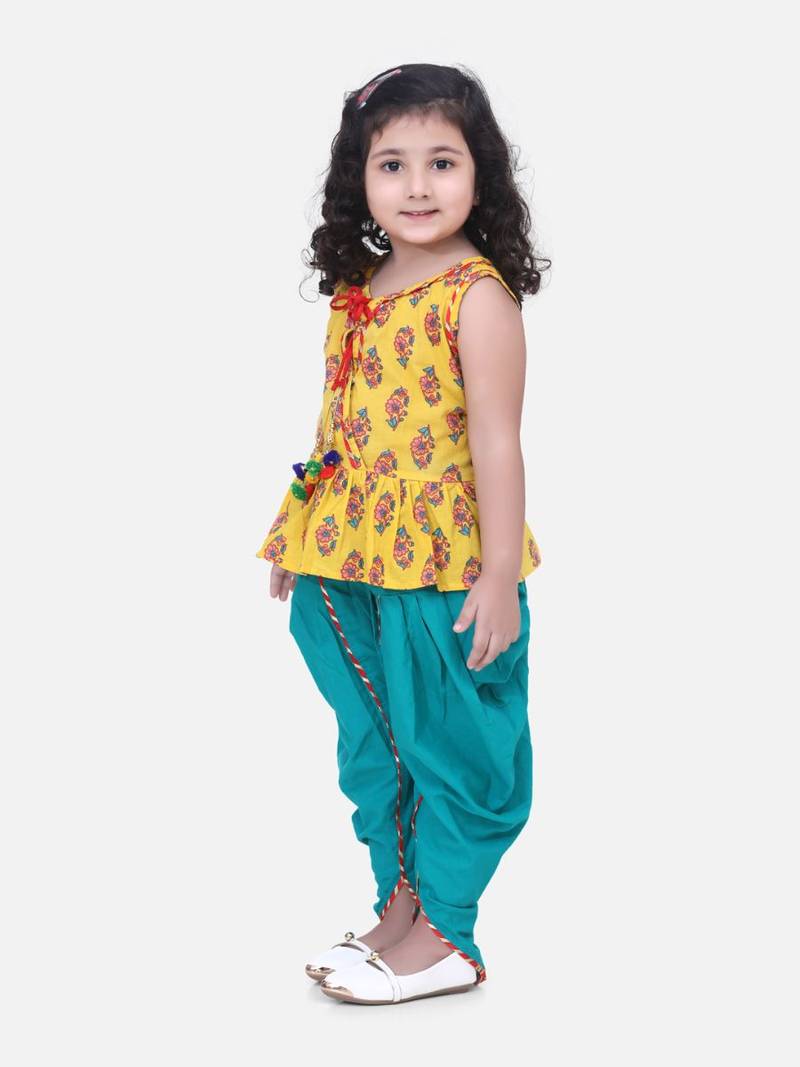 Jaipuri Print Pure Cotton Dhoti Top For Baby Girls- Yellow