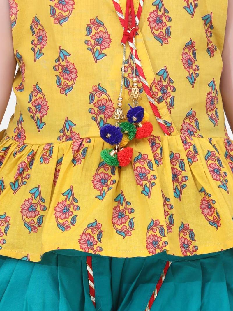 Jaipuri Print Pure Cotton Dhoti Top For Baby Girls- Yellow