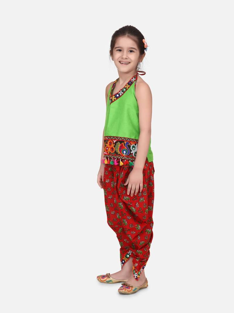 Halter Neck Cotton Top With Dhoti- Red