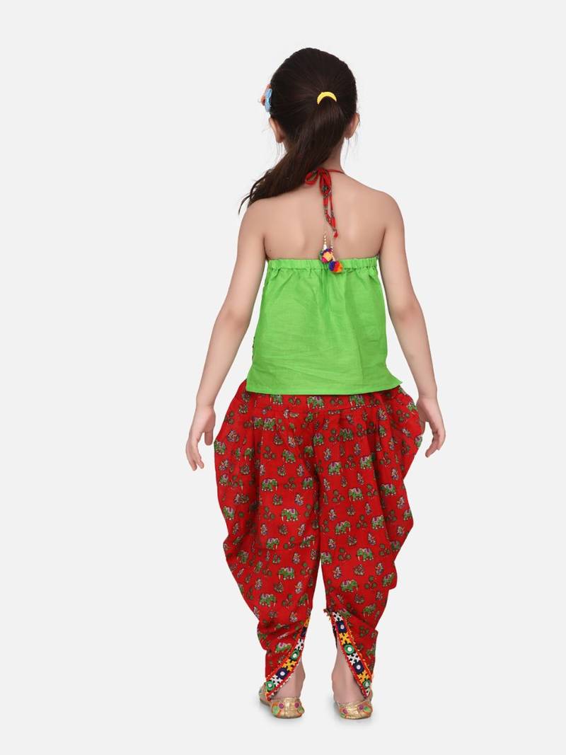 Halter Neck Cotton Top With Dhoti- Red