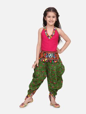 Halter Neck Cotton Top With Dhoti- Green 1