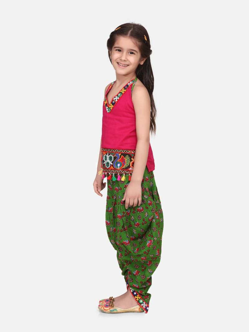 Halter Neck Cotton Top With Dhoti- Green