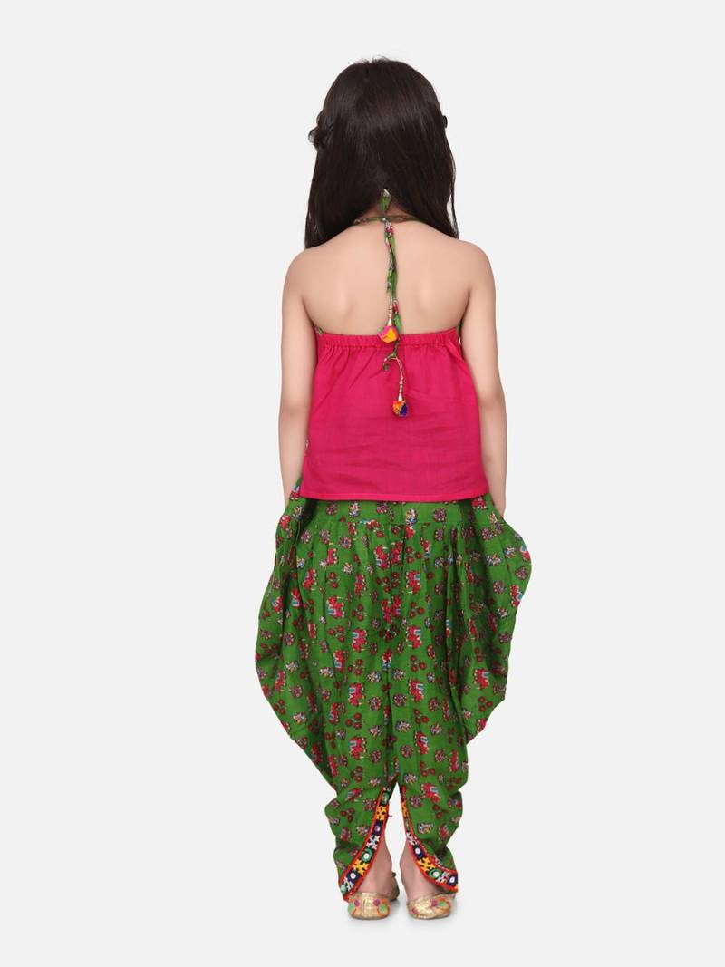 Halter Neck Cotton Top With Dhoti- Green