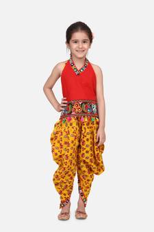 Halter Neck Cotton Top With Dhoti- Yellow
