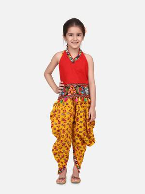 Halter Neck Cotton Top With Dhoti- Yellow 1