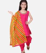 Silk Kurti Dhoti With Leheriya Dupatta For Girls-Pink