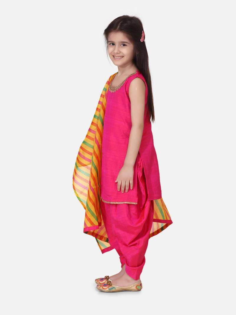Silk Kurti Dhoti With Leheriya Dupatta For Girls-Pink
