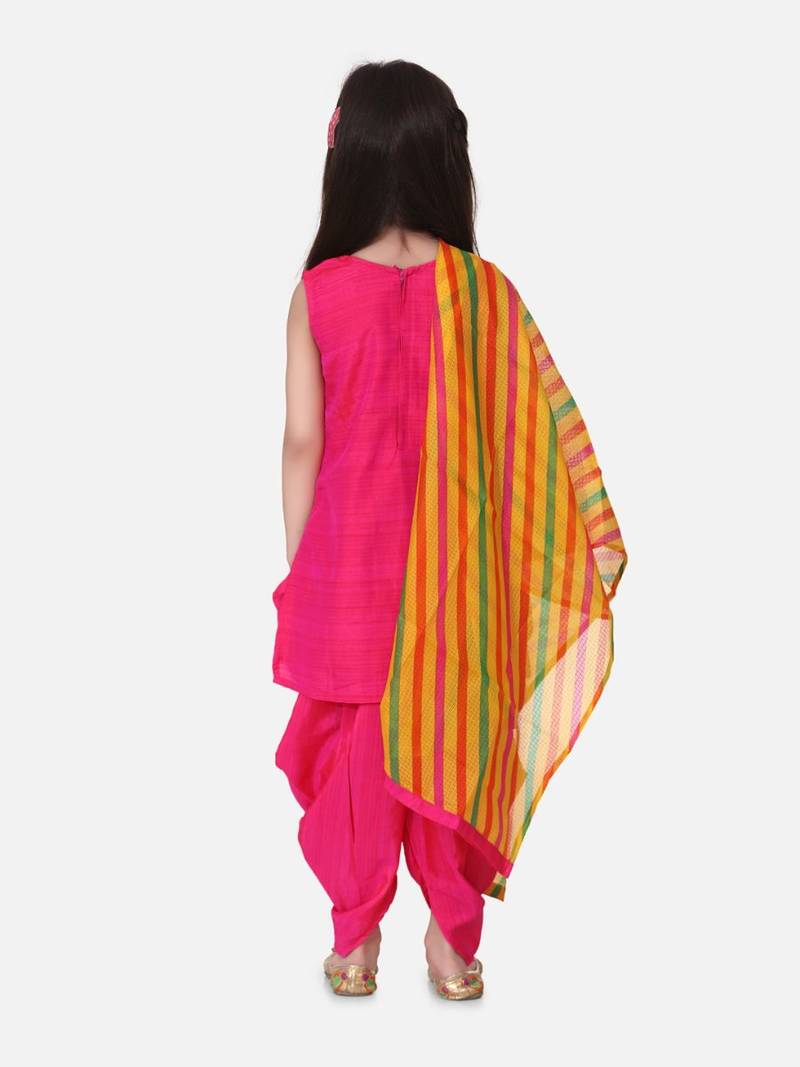 Silk Kurti Dhoti With Leheriya Dupatta For Girls-Pink
