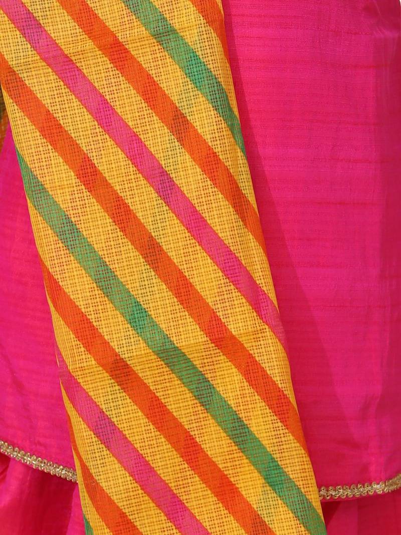 Silk Kurti Dhoti With Leheriya Dupatta For Girls-Pink