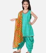 Silk Kurti Dhoti With Leheriya Dupatta For Girls-Green