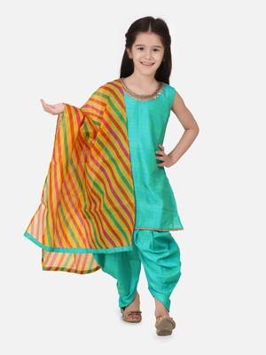 Silk Kurti Dhoti With Leheriya Dupatta For Girls-Green 2