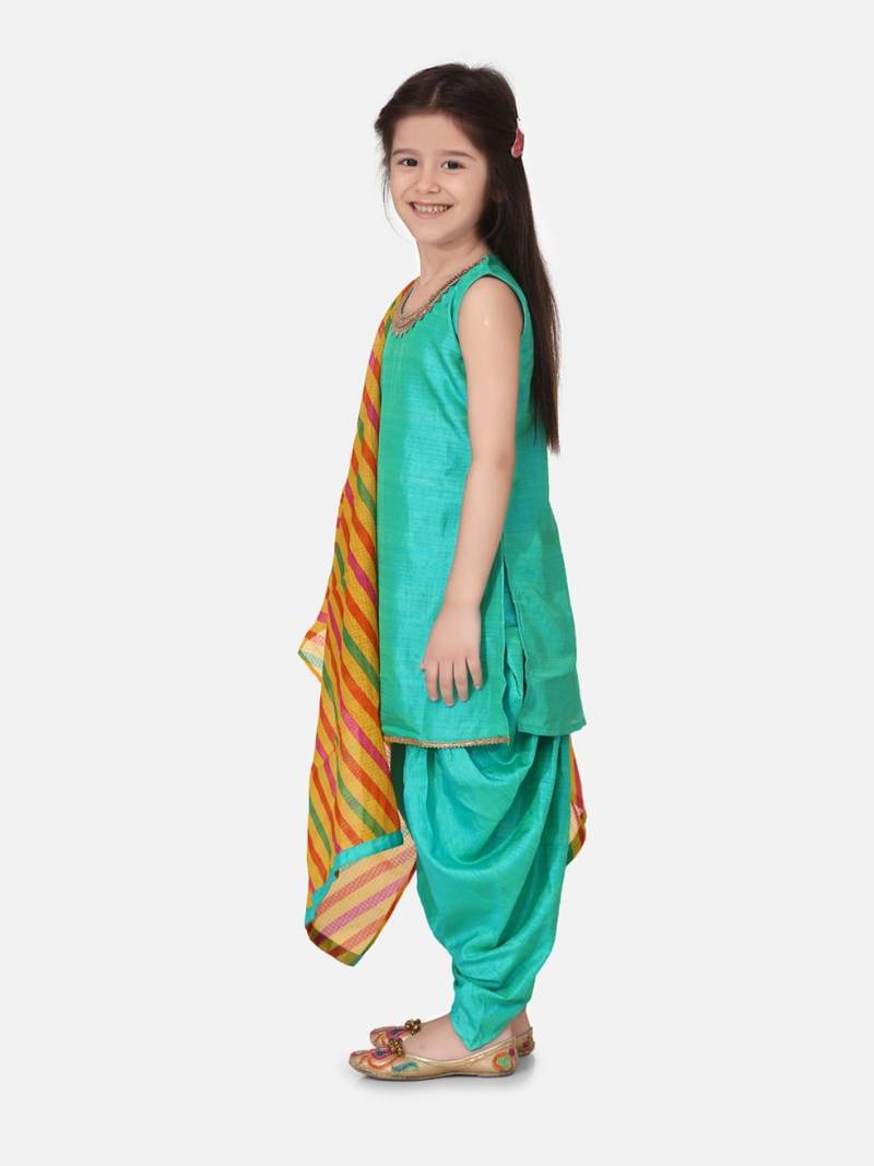Silk Kurti Dhoti With Leheriya Dupatta For Girls-Green