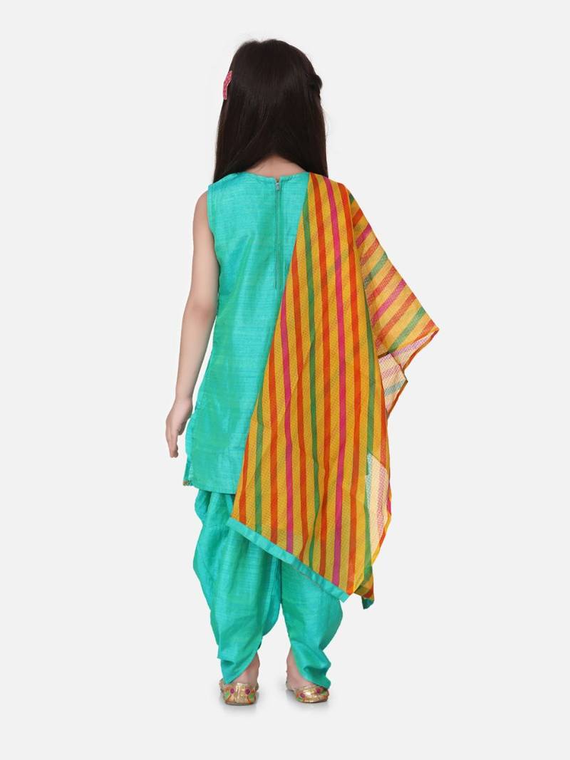 Silk Kurti Dhoti With Leheriya Dupatta For Girls-Green