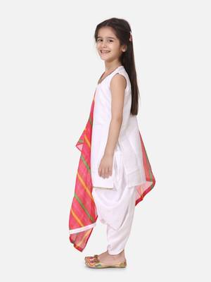 Silk Kurti Dhoti With Leheriya Dupatta For Girls-White 2