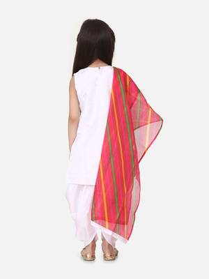 Silk Kurti Dhoti With Leheriya Dupatta For Girls-White 3