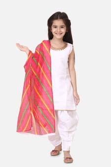 Silk Kurti Dhoti With Leheriya Dupatta For Girls-White