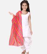 Silk Kurti Dhoti With Leheriya Dupatta For Girls-White