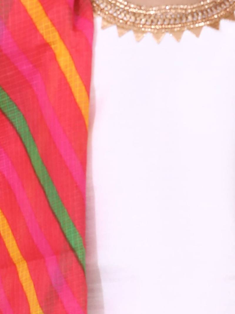 Silk Kurti Dhoti With Leheriya Dupatta For Girls-White