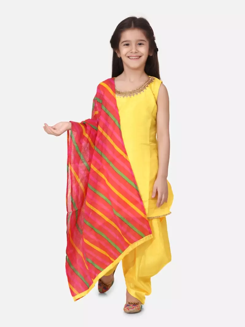 Silk Kurti Dhoti With Leheriya Dupatta For Girls-Yellow