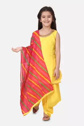 Silk Kurti Dhoti With Leheriya Dupatta For Girls-Yellow