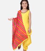 Silk Kurti Dhoti With Leheriya Dupatta For Girls-Yellow