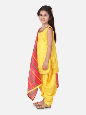 Silk Kurti Dhoti With Leheriya Dupatta For Girls-Yellow 2