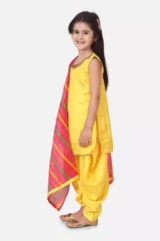 Silk Kurti Dhoti With Leheriya Dupatta For Girls-Yellow