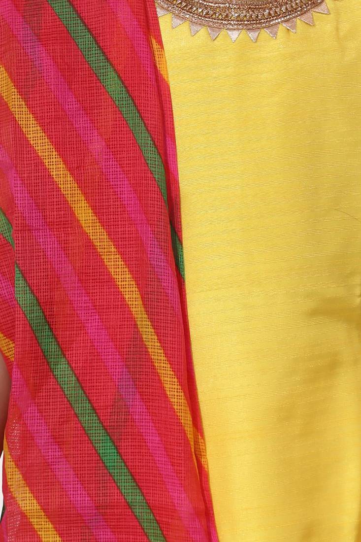 Silk Kurti Dhoti With Leheriya Dupatta For Girls-Yellow