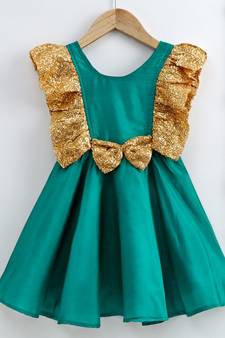 Girls Sequin Frill Silk Party Frock-Green