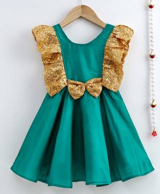 Girls Sequin Frill Silk Party Frock-Green 1