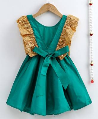 Girls Sequin Frill Silk Party Frock-Green 2