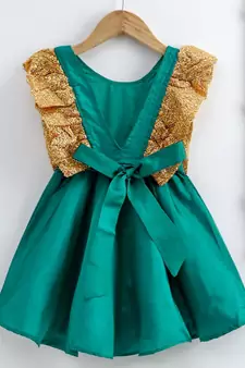 Girls Sequin Frill Silk Party Frock-Green