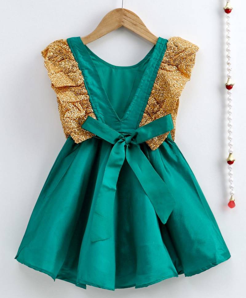Girls Sequin Frill Silk Party Frock-Green