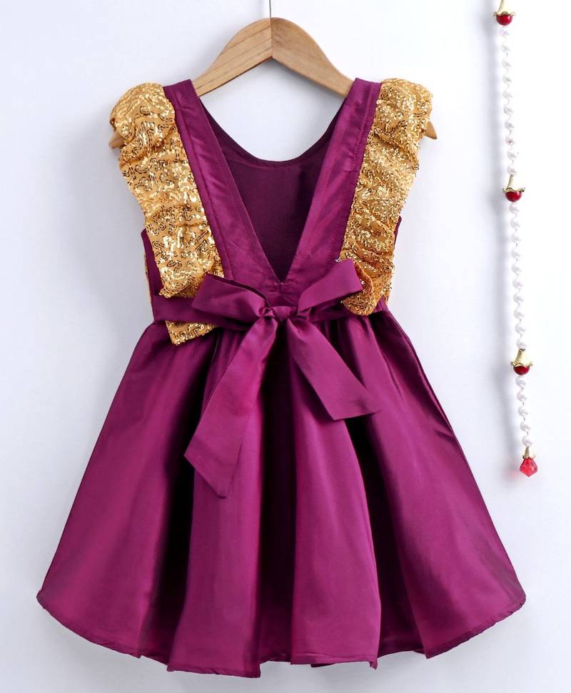 Girls Sequin Frill Silk Party Frock-purple