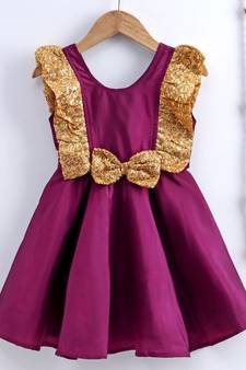 Girls Sequin Frill Silk Party Frock-purple