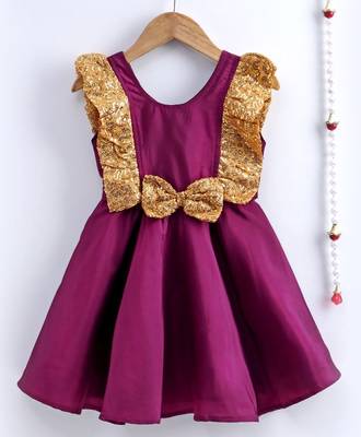 Girls Sequin Frill Silk Party Frock-purple 1