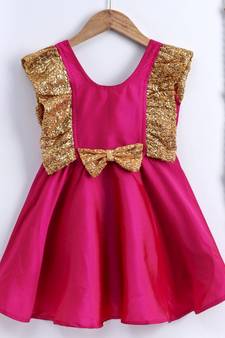 Girls Sequin Frill Silk Party Frock- pink