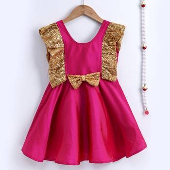 Girls Sequin Frill Silk Party Frock- pink 1