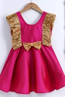 Girls Sequin Frill Silk Party Frock- pink