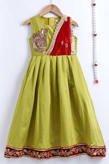 Girls Ruffle Sleeve Taffeta Silk Party Gown- Green