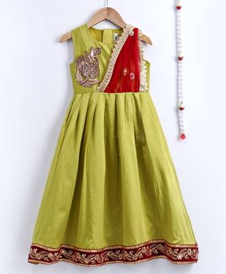 Girls Ruffle Sleeve Taffeta Silk Party Gown- Green 1