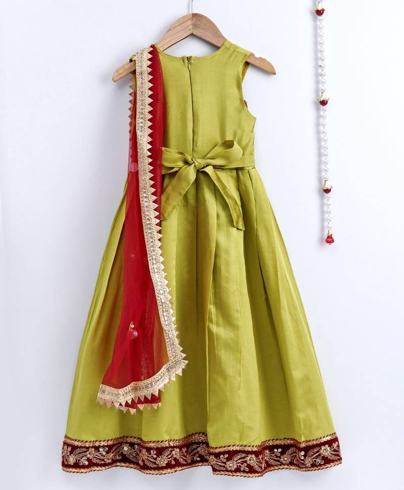 Girls Ruffle Sleeve Taffeta Silk Party Gown- Green