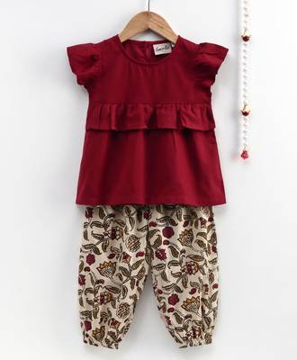 Girls Ruffle Cotton Top With Harem Pant- Maroon 2