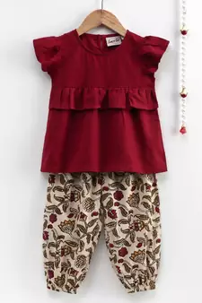 Girls Ruffle Cotton Top With Harem Pant- Maroon