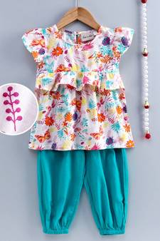 Girls Ruffle Cotton Top With Harem Pant-Blue