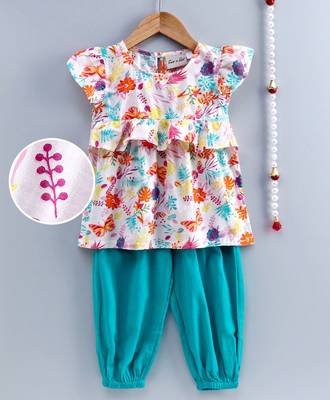 Girls Ruffle Cotton Top With Harem Pant-Blue 1