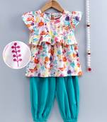 Girls Ruffle Cotton Top With Harem Pant-Blue